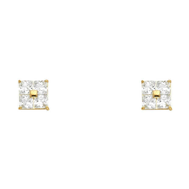 14K Gold CZ Four Square Stud Earrings