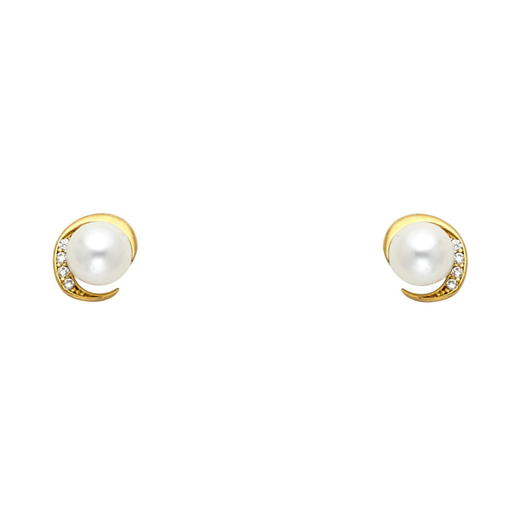 14K Gold CZ Cultured Pearl Stud Earrings