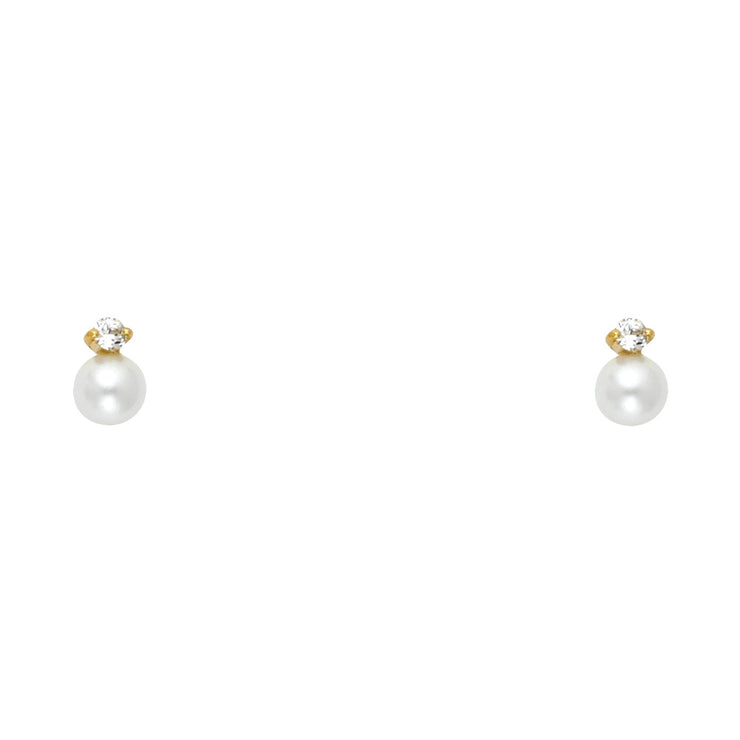 14K Gold CZ Cultured Pearl Stud Earrings