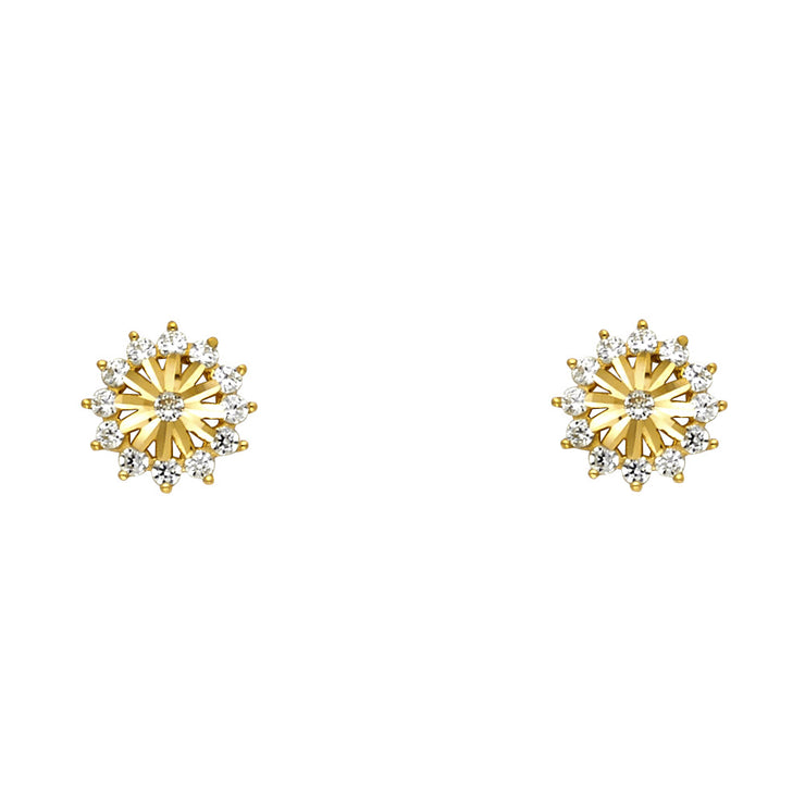 14K Gold CZ Flower Stud Earrings