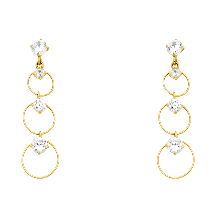 14K Gold CZ Circle Dangle Drop Stud Earrings