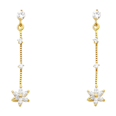 14K Gold CZ Flower Dangle Drop Stud Earrings