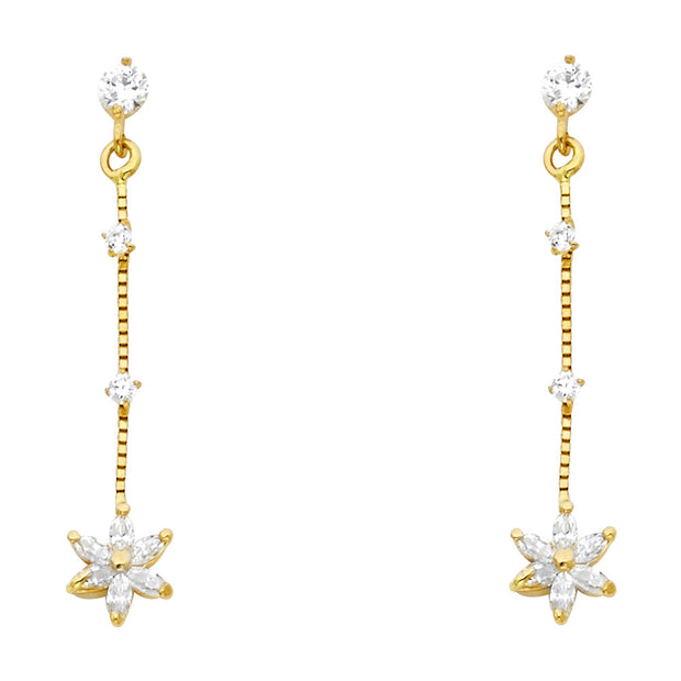 14K Gold CZ Flower Dangle Drop Stud Earrings