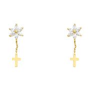 14K Gold CZ Flower and Cross Dangle Drop Stud Earrings