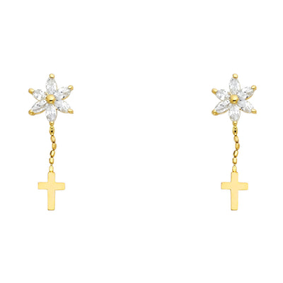 14K Gold CZ Flower and Cross Dangle Drop Stud Earrings