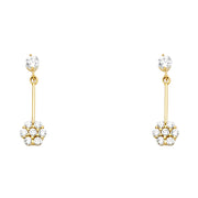 14K Gold CZ Flower Dangle Drop Stud Earrings