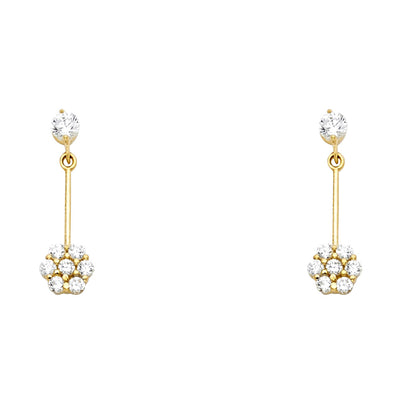14K Gold CZ Flower Dangle Drop Stud Earrings