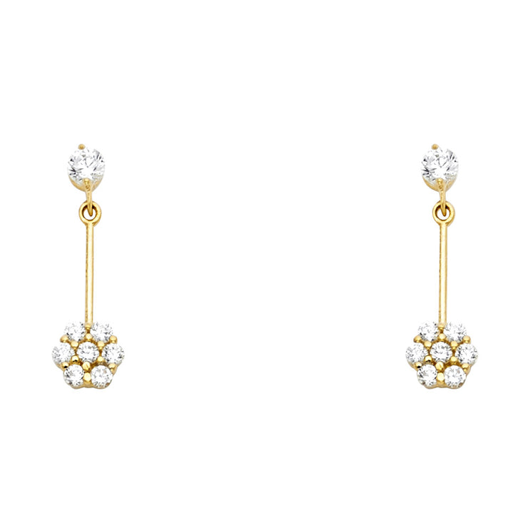 14K Gold CZ Flower Dangle Drop Stud Earrings
