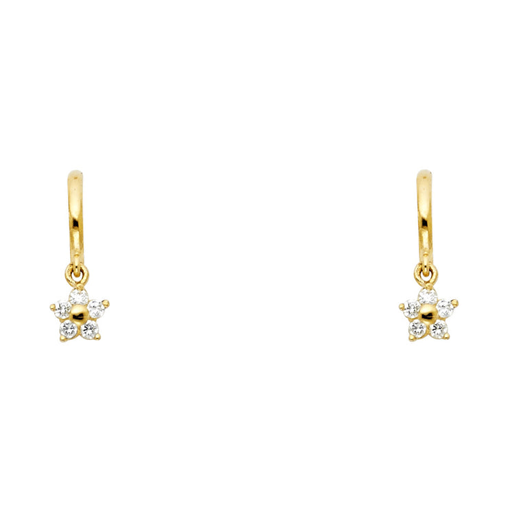 14K Gold CZ Flower Dangle Drop Stud Earrings