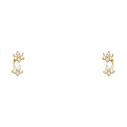 14K Gold CZ Flower and Butterfly Drop Stud Earrings