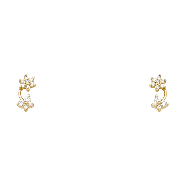 14K Gold CZ Flower and Butterfly Drop Stud Earrings