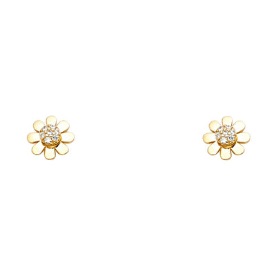 14K Gold CZ Flower Stud Earrings