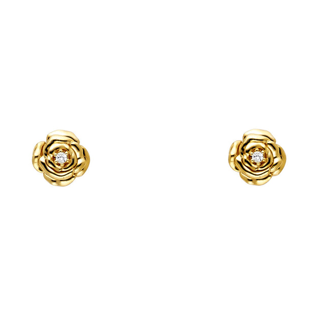 14K Gold CZ Flower Stud Earrings