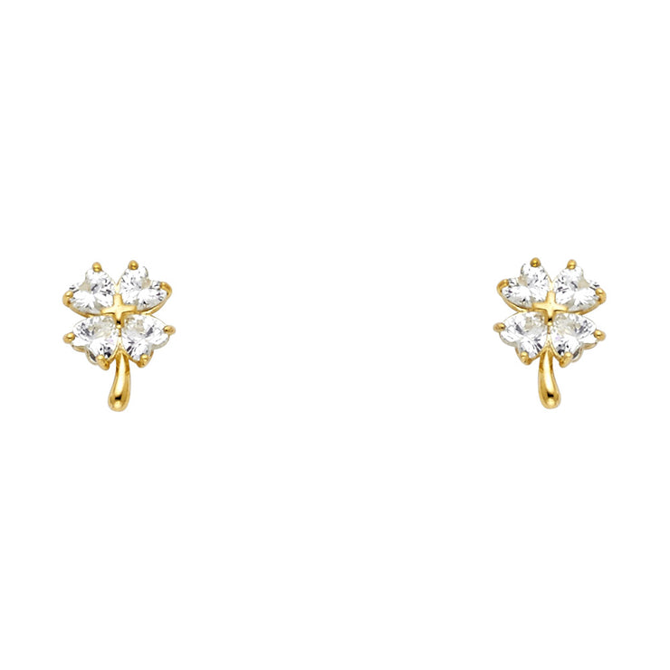 14K Gold Heart Cut CZ 4 leaf Flower Stud Earrings