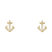 14K Gold CZ Nautical Mariner Anchor Stud Earrings