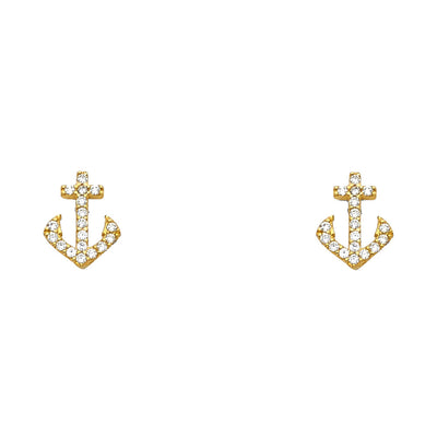 14K Gold CZ Nautical Mariner Anchor Stud Earrings