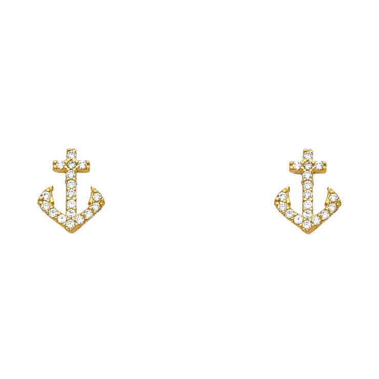 14K Gold CZ Nautical Mariner Anchor Stud Earrings