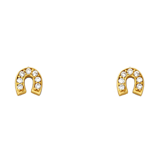 14K Gold CZ Horse Shoe Lucky Charm Stud Earrings