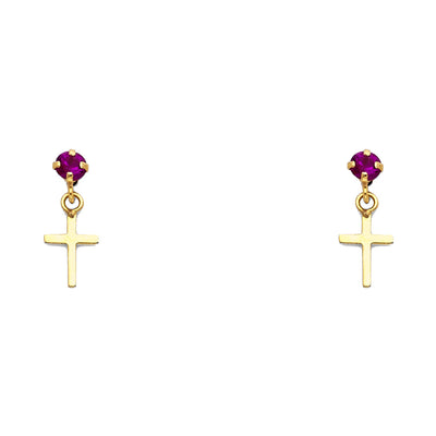 14K Gold CZ Cross Dangle Drop Stud Earrings