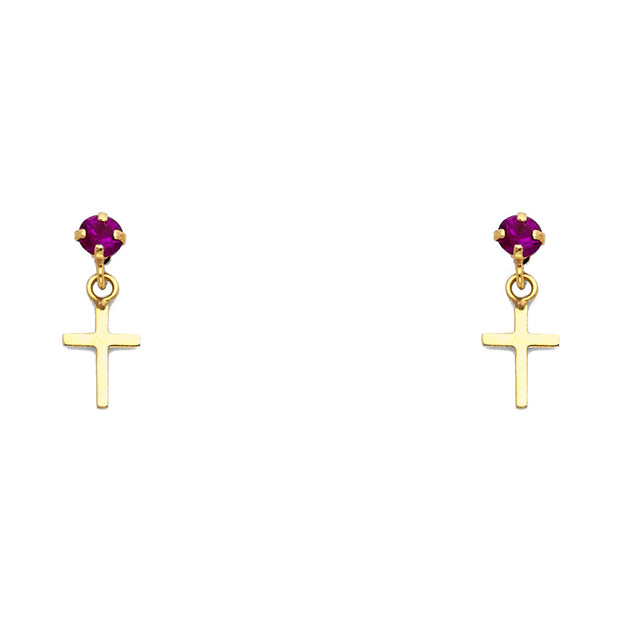 14K Gold CZ Cross Dangle Drop Stud Earrings