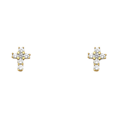 14K Gold CZ Jesus Christ Cross Stud Earrings