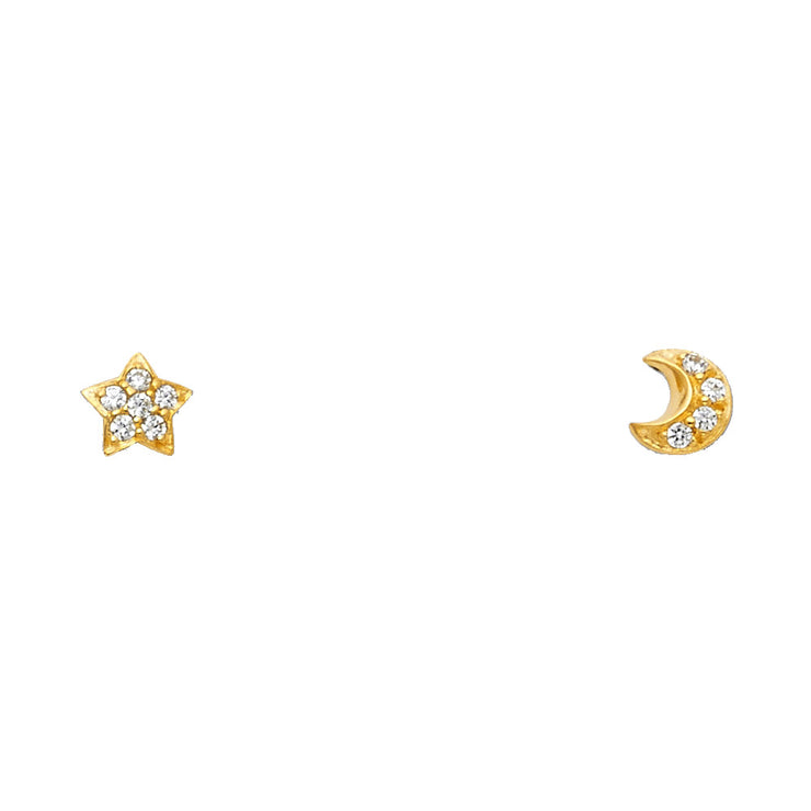 14K Gold CZ Moon and Star Stud Earrings