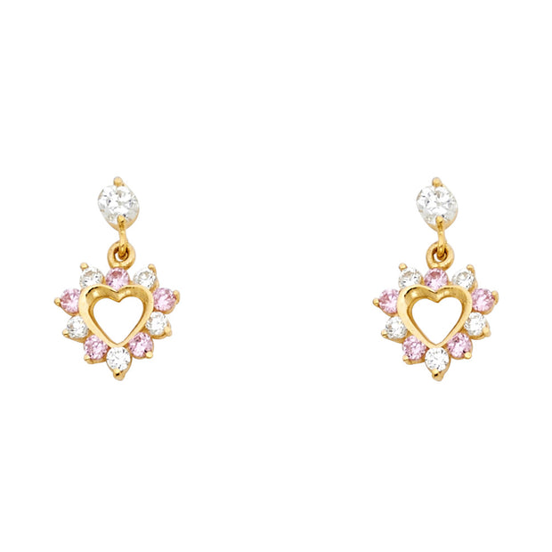 14K Gold CZ Heart Dangle Drop Stud Earrings