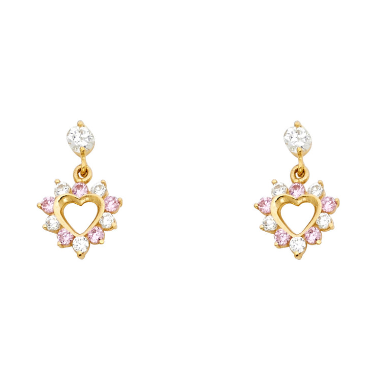 14K Gold CZ Heart Dangle Drop Stud Earrings