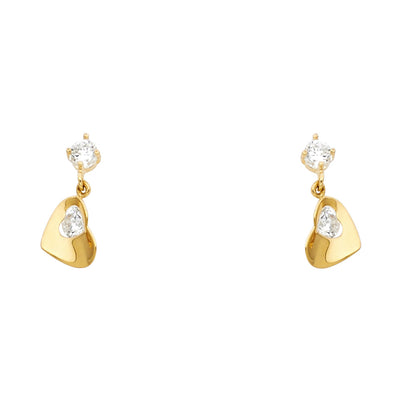 14K Gold CZ Heart Dangle Drop Stud Earrings