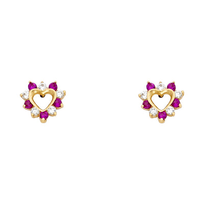 14K Gold Round Cut Red CZ Heart Stud Earrings