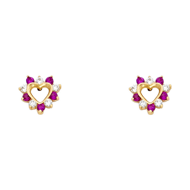 14K Gold Round Cut Red CZ Heart Stud Earrings