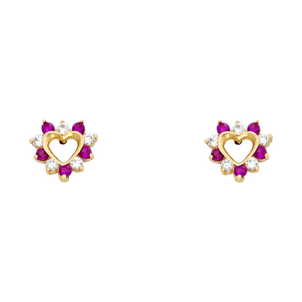 14K Gold Round Cut Red CZ Heart Stud Earrings