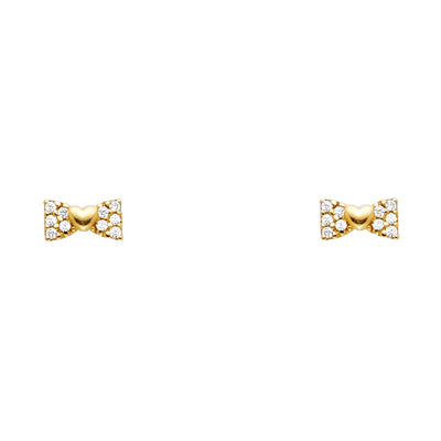 14K Gold CZ Ribbon Bow and Heart Stud Earrings