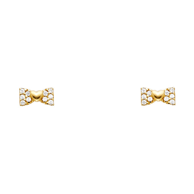 14K Gold CZ Ribbon Bow and Heart Stud Earrings