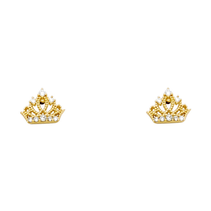 14K Gold CZ Crown or Tiara Stud Earrings