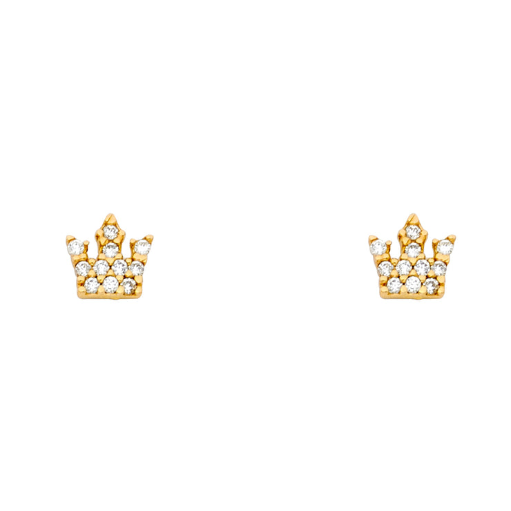 14K Gold CZ Crown or Tiara Stud Earrings