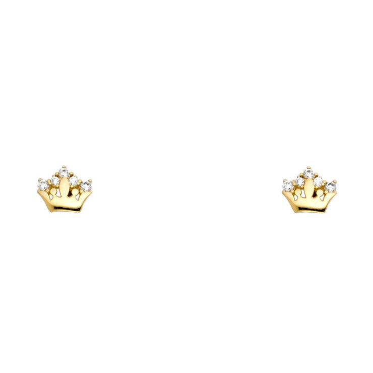 14K Gold CZ Crown or Tiara Stud Earrings