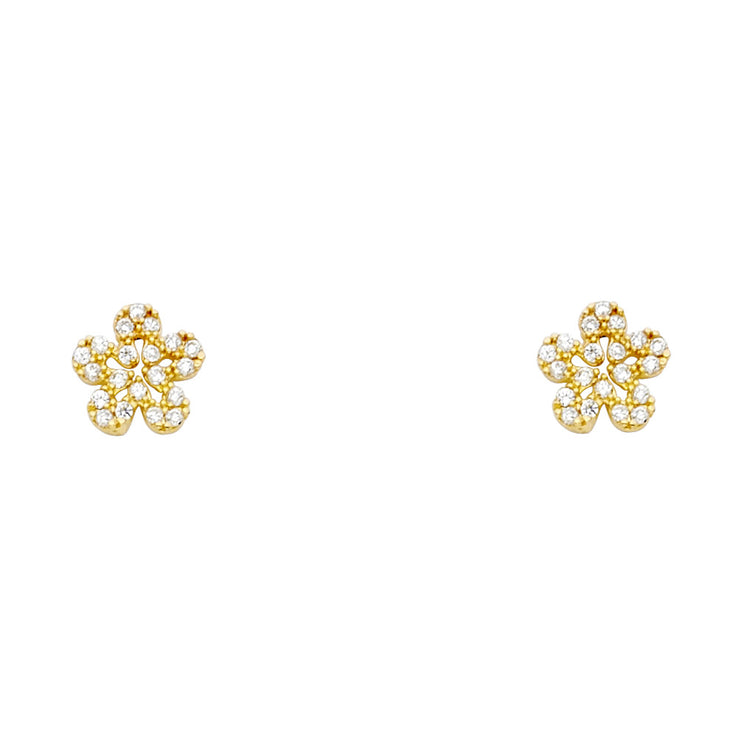 14K Gold CZ Flower Stud Earrings