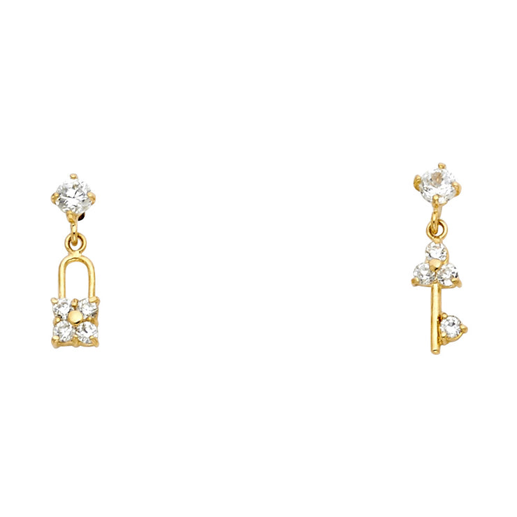 14K Gold CZ Lock & Key Symbol Stud Earrings