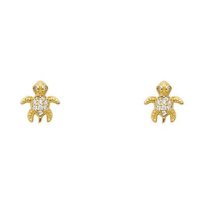 14K Gold CZ Tiny Sea Turtle Stud Earrings