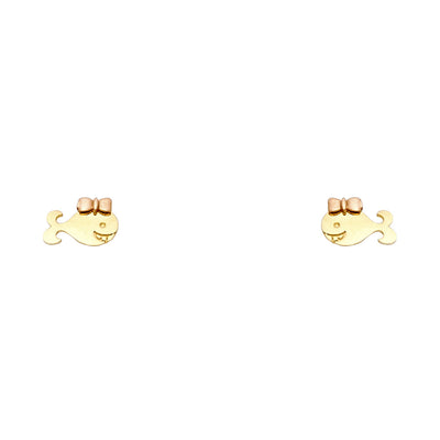 14K Gold Tiny Whale Fish and Bow Stud Earrings