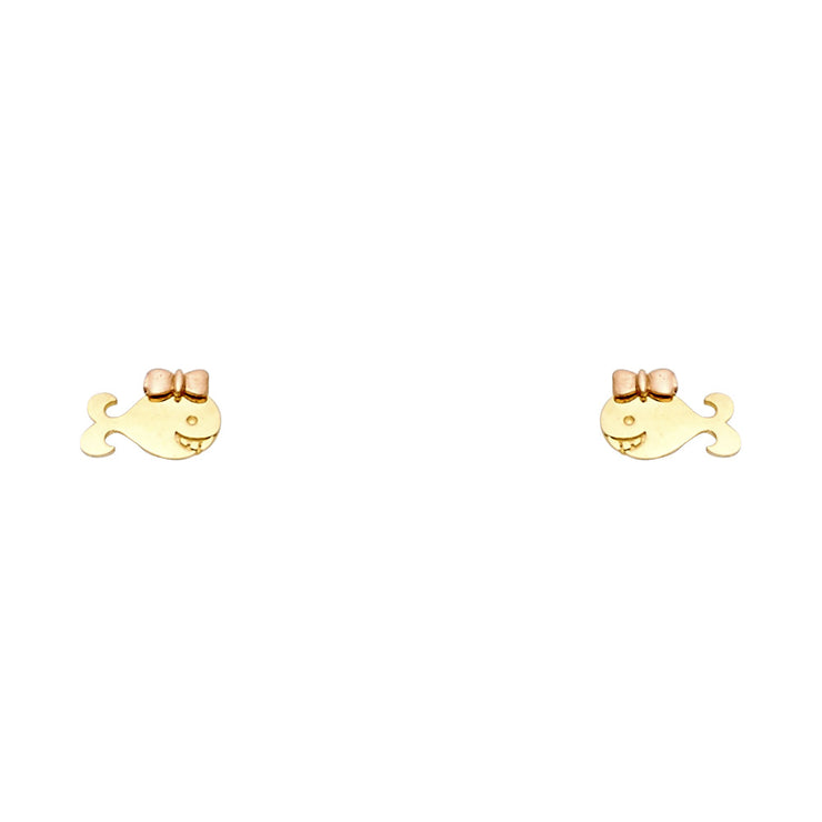 14K Gold Tiny Whale Fish and Bow Stud Earrings