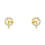 14K Gold CZ Tiny Dolphin and Circle Stud Earrings
