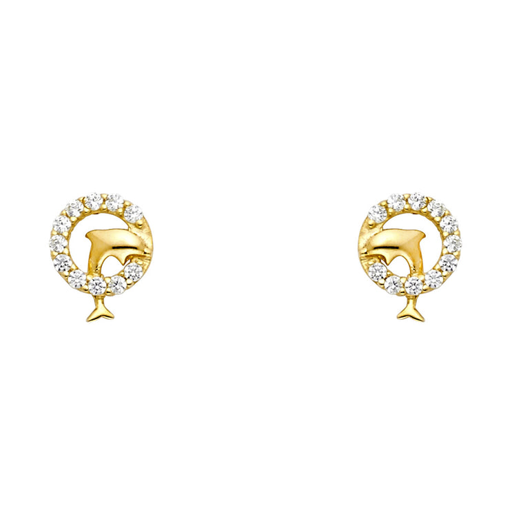 14K Gold CZ Tiny Dolphin and Circle Stud Earrings