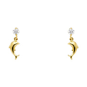 14K Gold CZ Dolphin Dangle Drop Stud Earrings