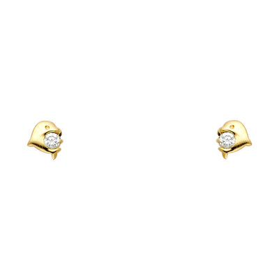 14K Gold CZ Tiny Dolphin Stud Earrings