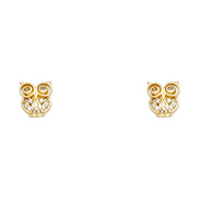 14K Gold CZ Beautiful Owl Lucky Charm Stud Earrings