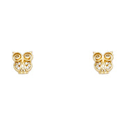 14K Gold CZ Beautiful Owl Lucky Charm Stud Earrings