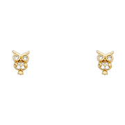 14K Gold CZ Beautiful Owl Lucky Charm Stud Earrings