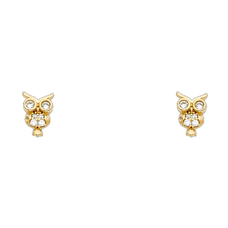 14K Gold CZ Beautiful Owl Lucky Charm Stud Earrings